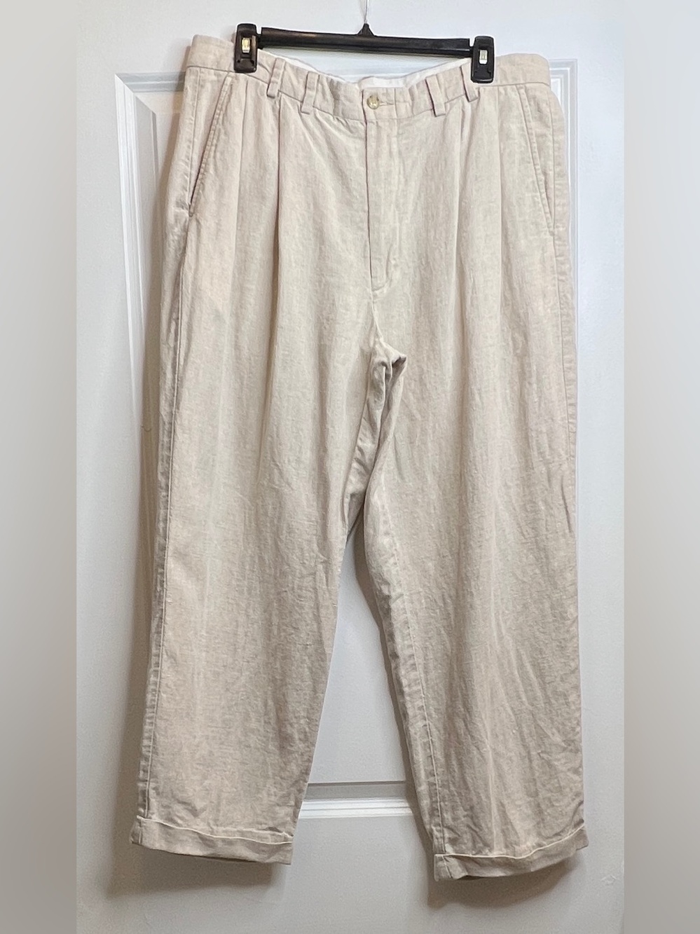Turnbury Mens Natural Tan 100% Linen Pleated Cuffed Pants Trousers 36x30